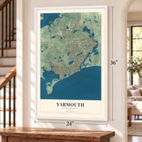 Yarmouth, Massachusetts map, 24 x 36 inch print in a white frame by a staircase