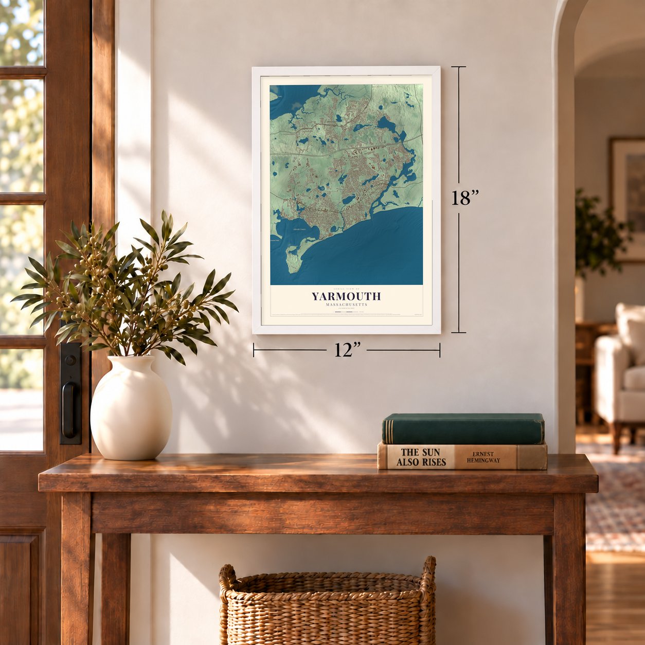 Yarmouth, Massachusetts map, 12 x 18 inch print in a white frame in an entryway