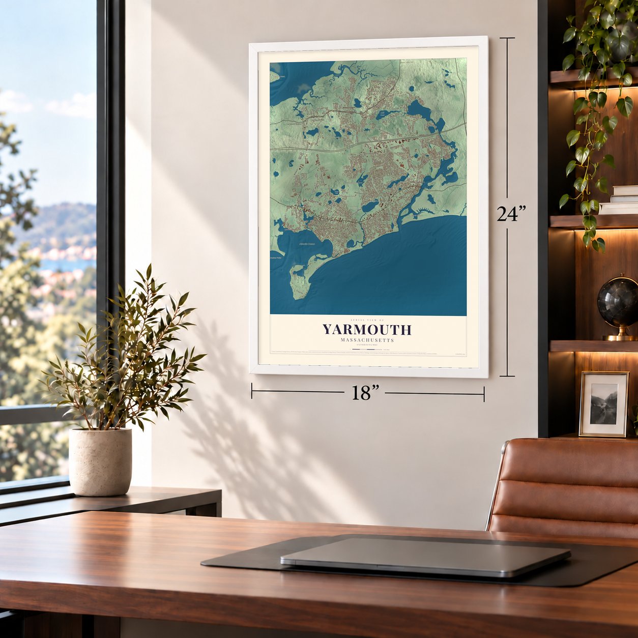Yarmouth, Massachusetts map, 18 x 24 inch print in a white frame in a home office