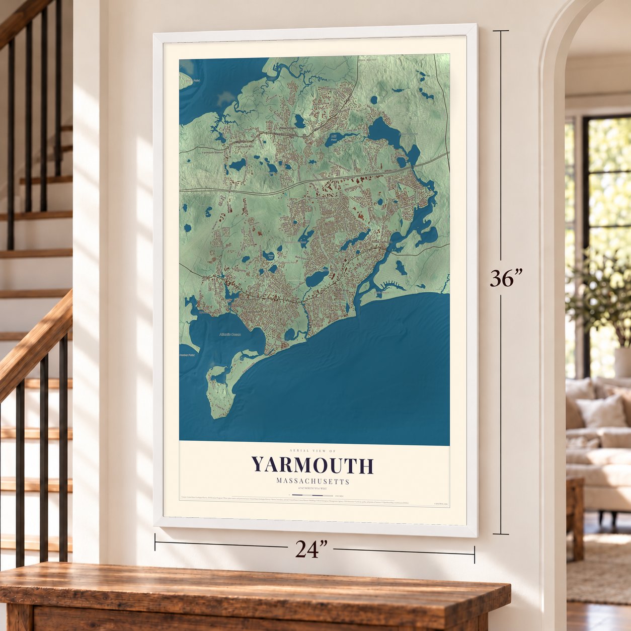 Yarmouth, Massachusetts map, 24 x 36 inch print in a white frame by a staircase