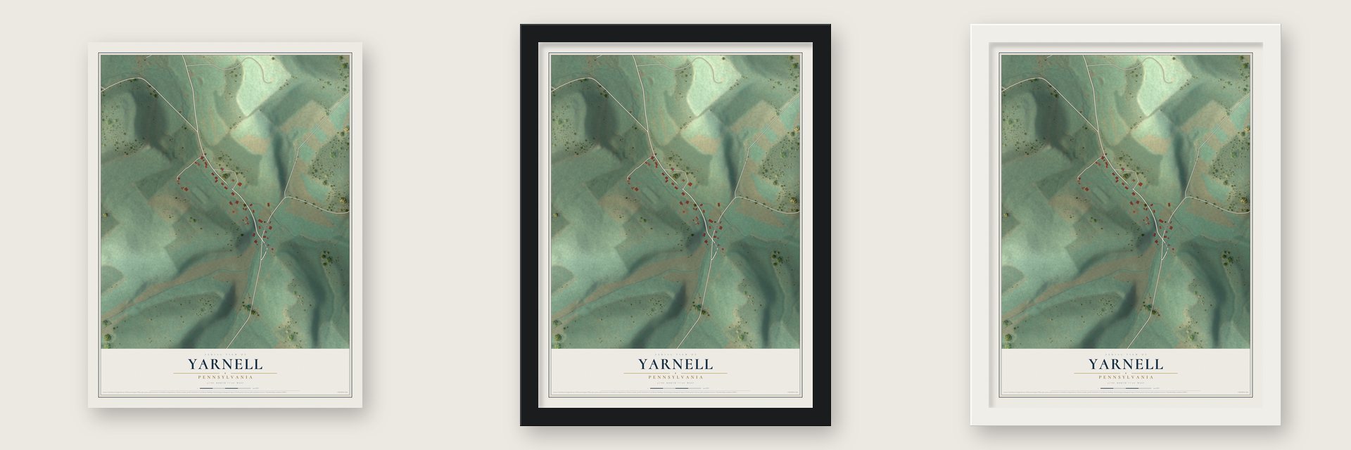 Yarnell, Pennsylvania map unframed, in a black wood frame and in a white wood frame
