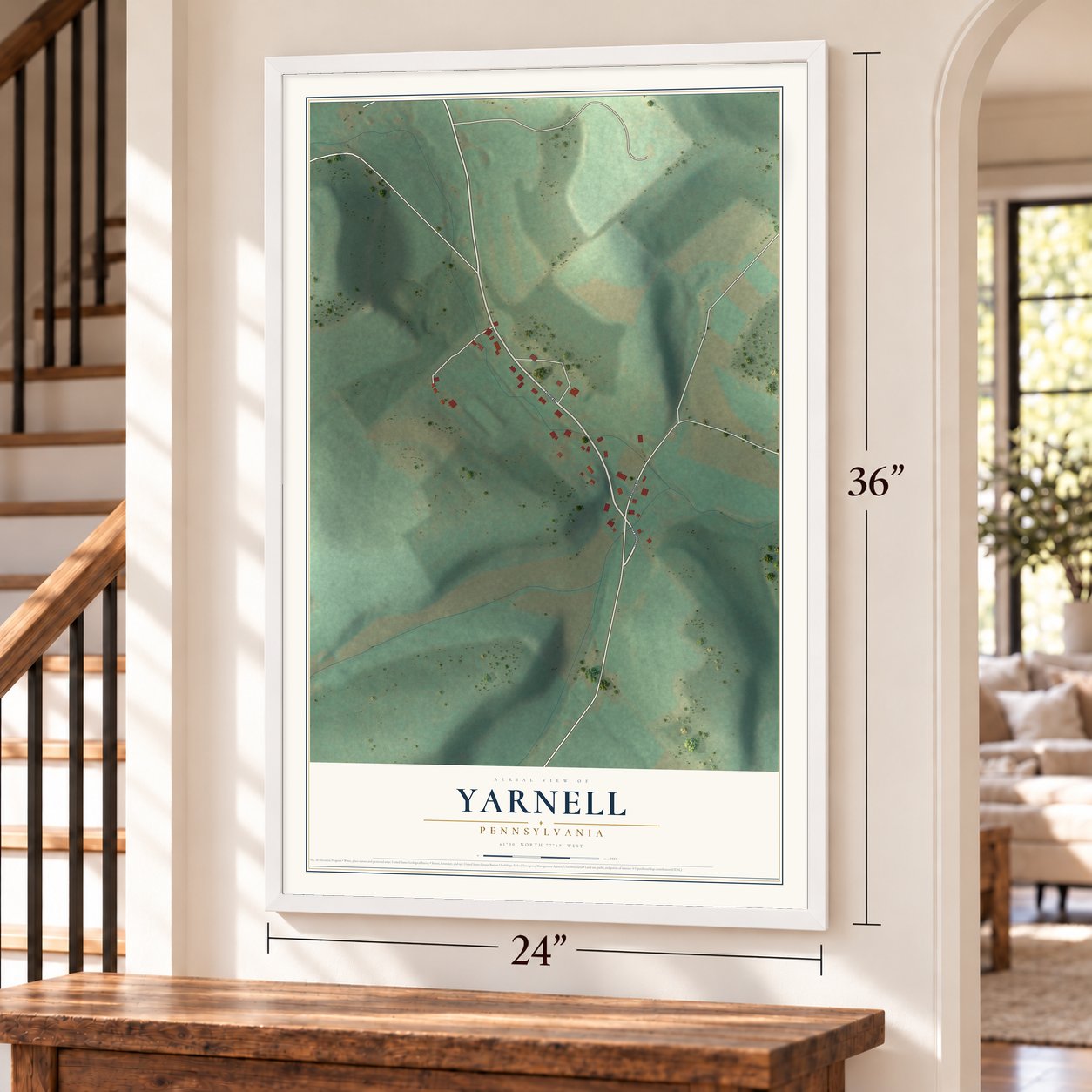 Yarnell, Pennsylvania map, 24 x 36 inch print in a white frame by a staircase