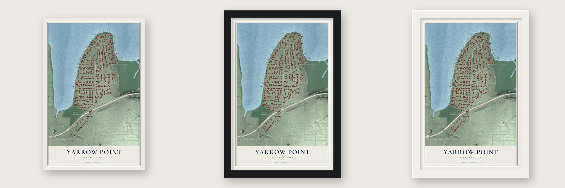 Yarrow Point, Washington map unframed, in a black wood frame and in a white wood frame