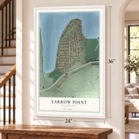 Yarrow Point, Washington map, 24 x 36 inch print in a white frame by a staircase