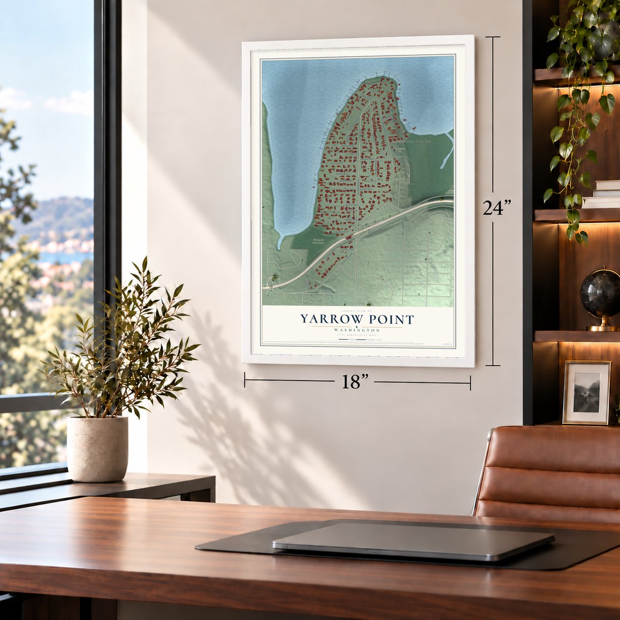 Yarrow Point, Washington map, 18 x 24 inch print in a white frame in a home office
