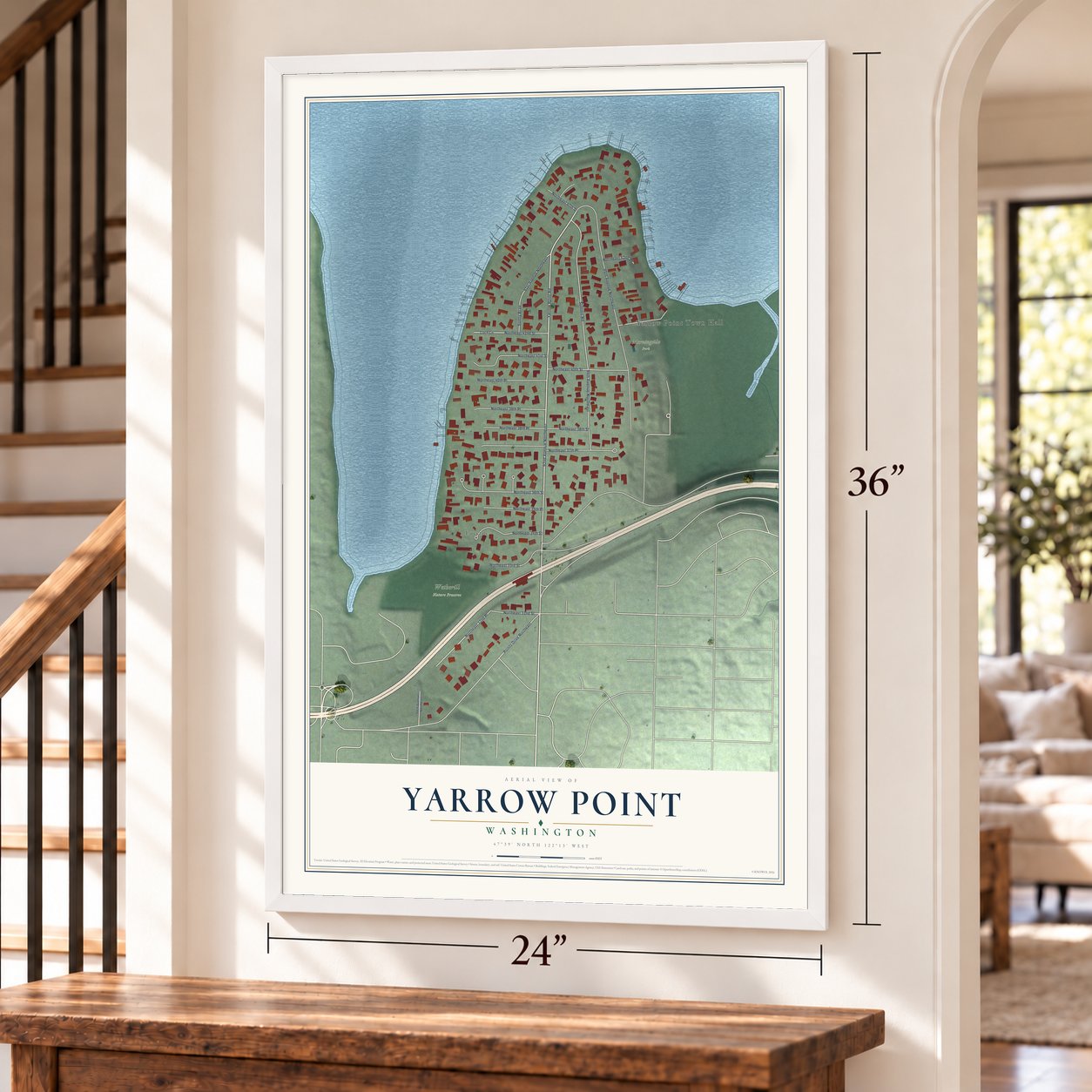 Yarrow Point, Washington map, 24 x 36 inch print in a white frame by a staircase