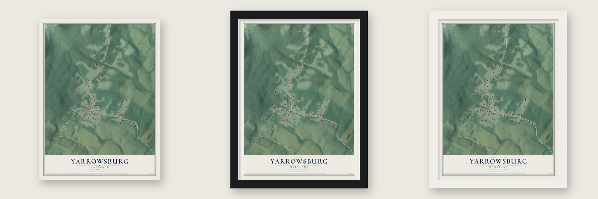 Yarrowsburg, Maryland map unframed, in a black wood frame and in a white wood frame