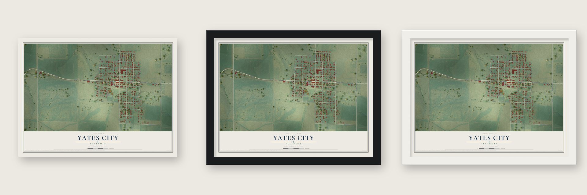 Yates City, Illinois map unframed, in a black wood frame and in a white wood frame