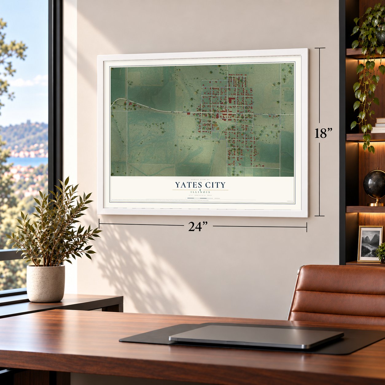 Yates City, Illinois map, 18 x 24 inch print in a white frame in a home office