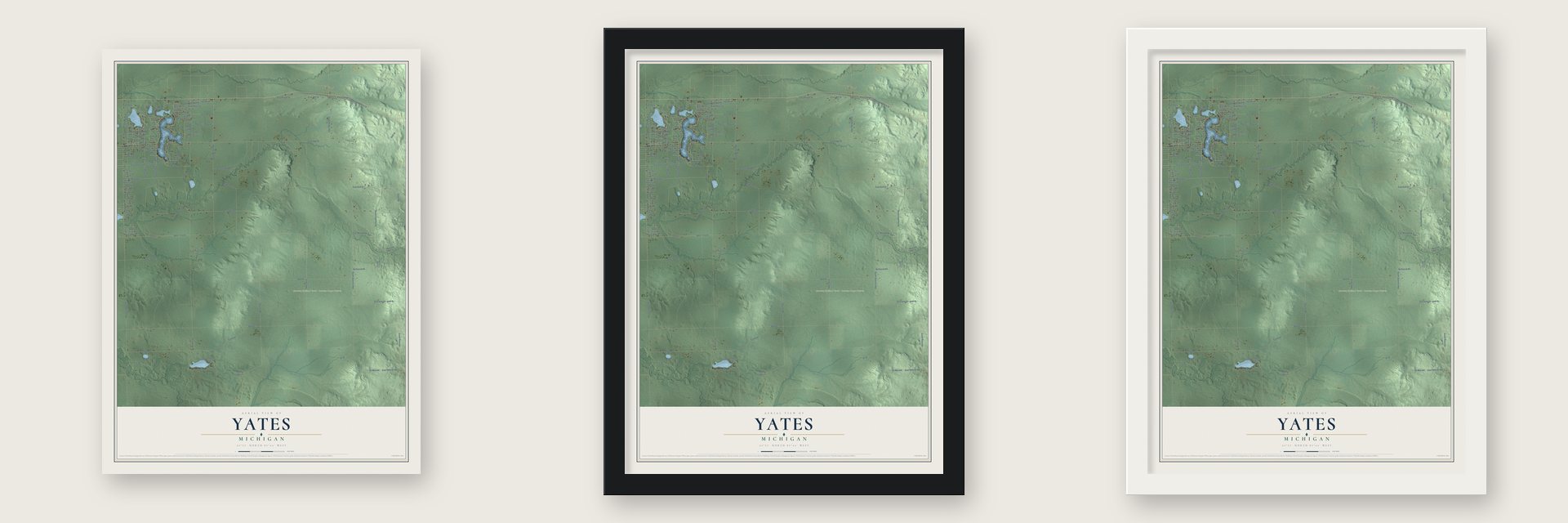 Yates, Michigan map unframed, in a black wood frame and in a white wood frame