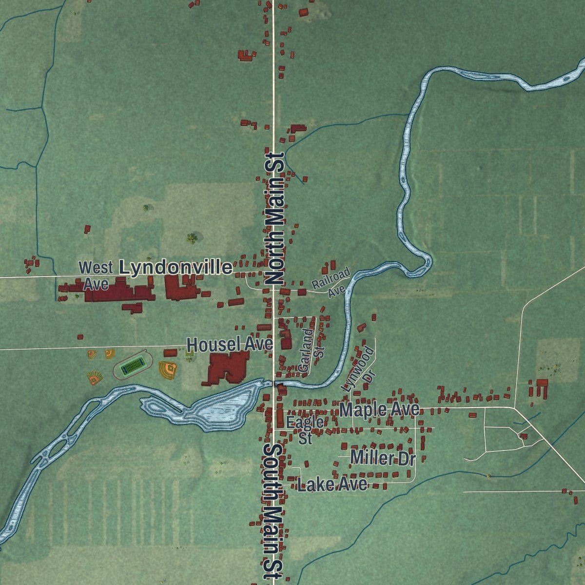 Second close-up of the map of Yates, New York print showing more streets and buildings