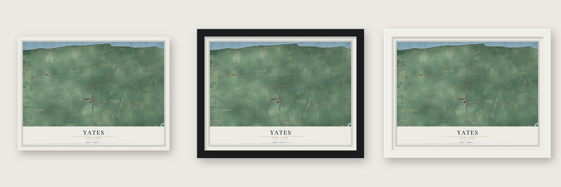 Yates, New York map unframed, in a black wood frame and in a white wood frame