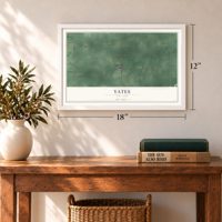 Yates, New York map, 12 x 18 inch print in a white frame in an entryway