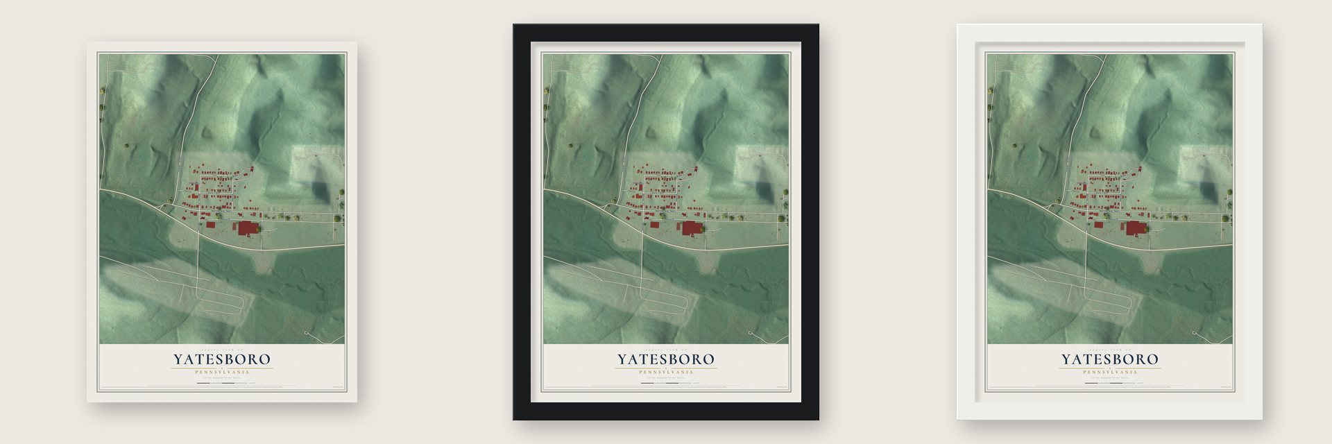 Yatesboro, Pennsylvania map unframed, in a black wood frame and in a white wood frame