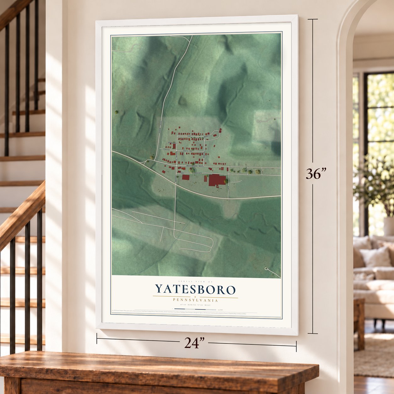 Yatesboro, Pennsylvania map, 24 x 36 inch print in a white frame by a staircase
