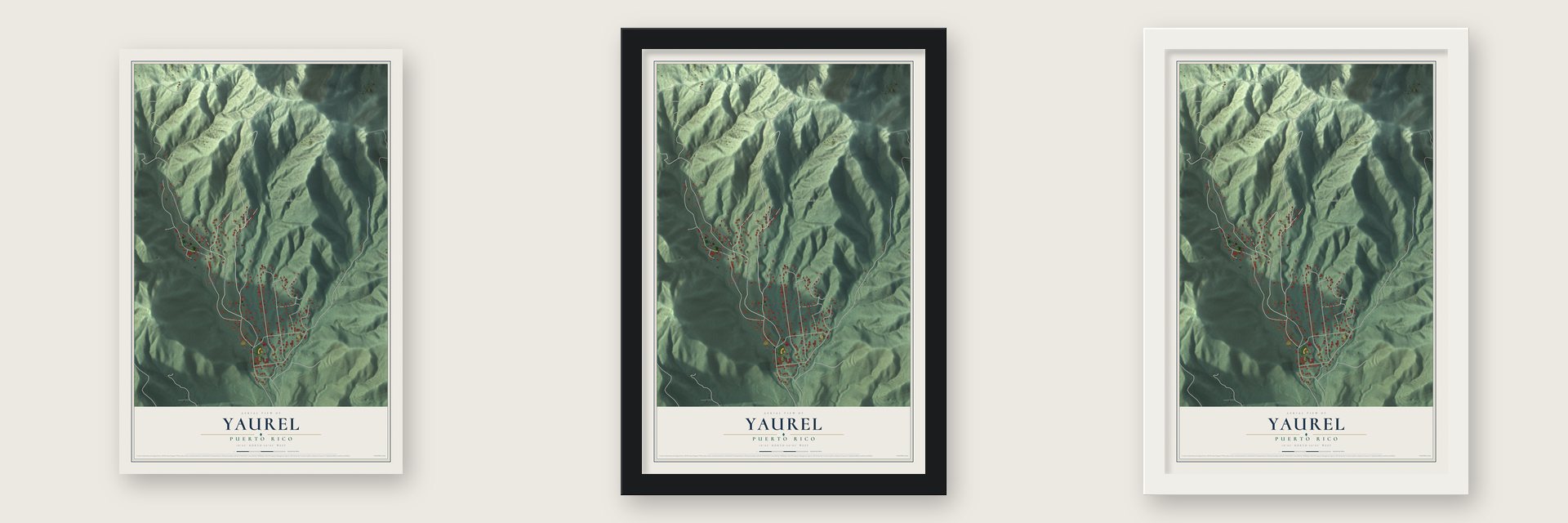 Yaurel, Puerto Rico map unframed, in a black wood frame and in a white wood frame