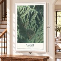 Yaurel, Puerto Rico map, 24 x 36 inch print in a white frame by a staircase