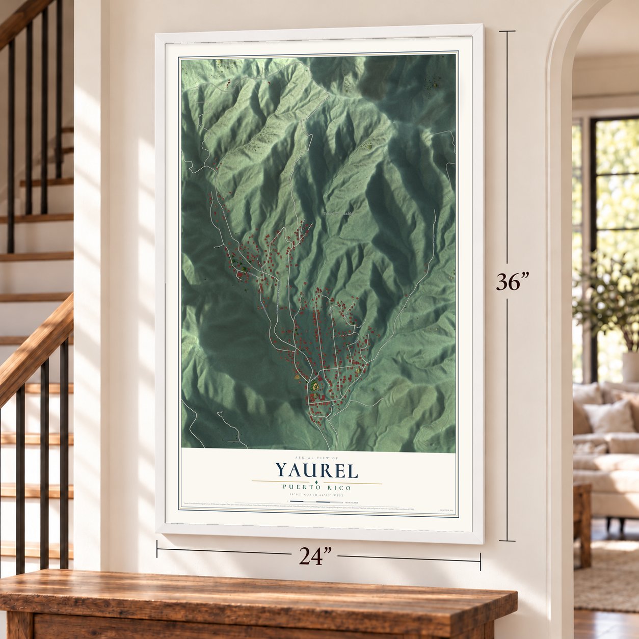 Yaurel, Puerto Rico map, 24 x 36 inch print in a white frame by a staircase