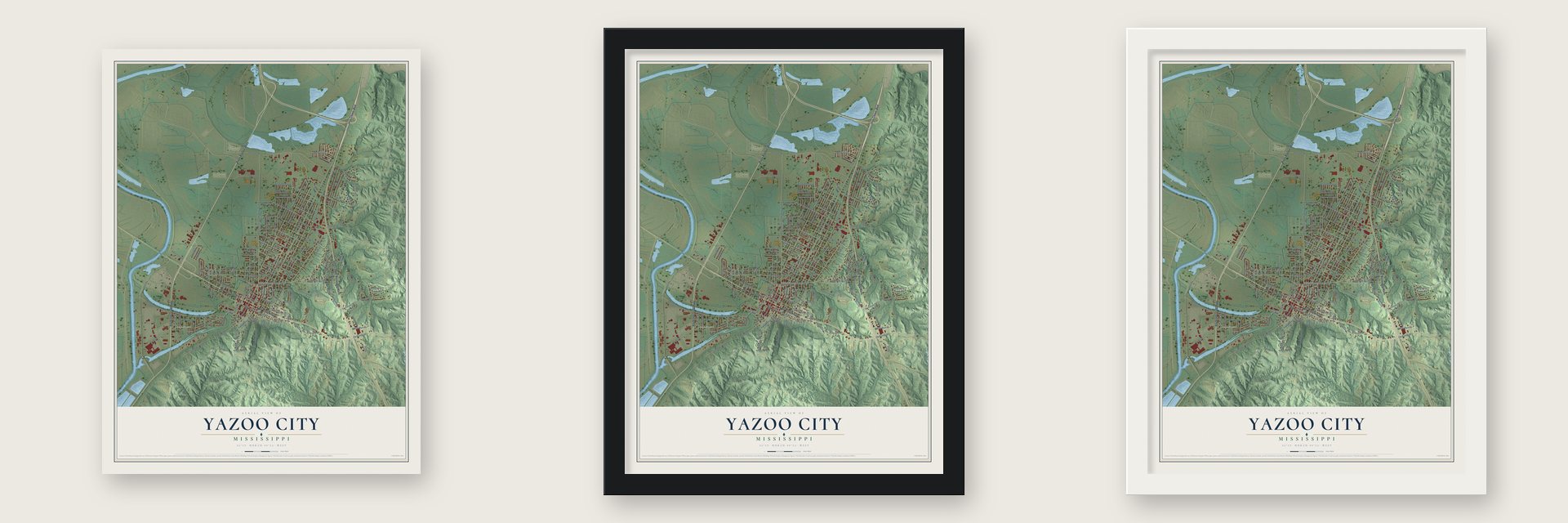 Yazoo City, Mississippi map unframed, in a black wood frame and in a white wood frame