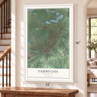 Yazoo City, Mississippi map, 24 x 36 inch print in a white frame by a staircase