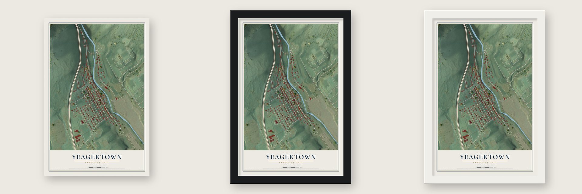 Yeagertown, Pennsylvania map unframed, in a black wood frame and in a white wood frame