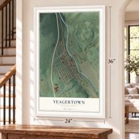 Yeagertown, Pennsylvania map, 24 x 36 inch print in a white frame by a staircase
