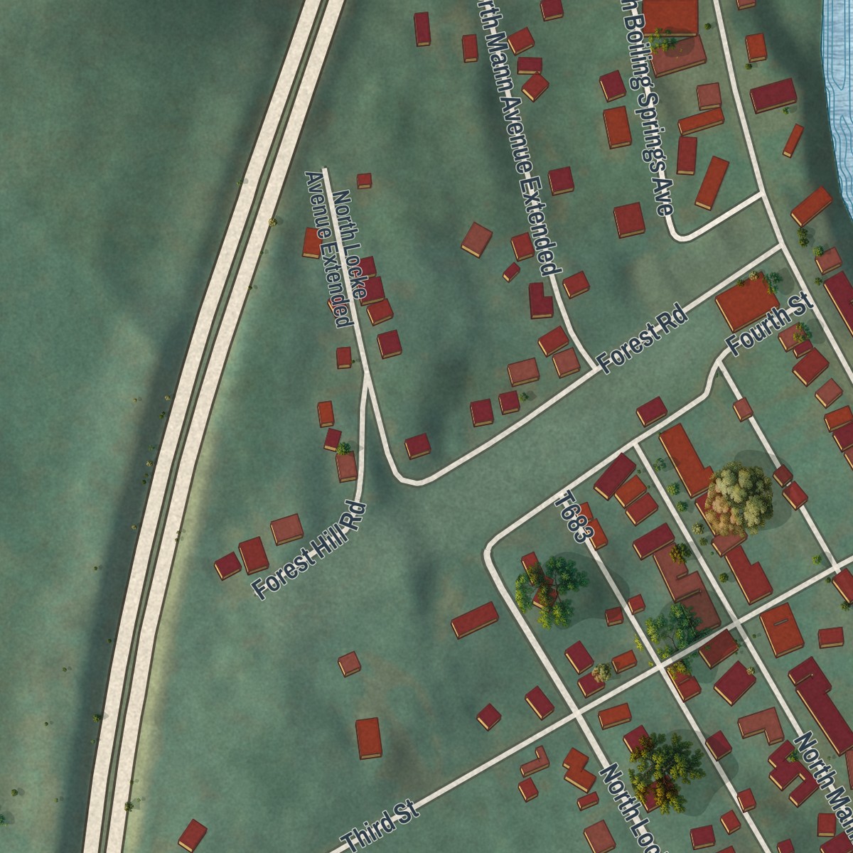 Second close-up of the map of Yeagertown, Pennsylvania print showing more streets and buildings