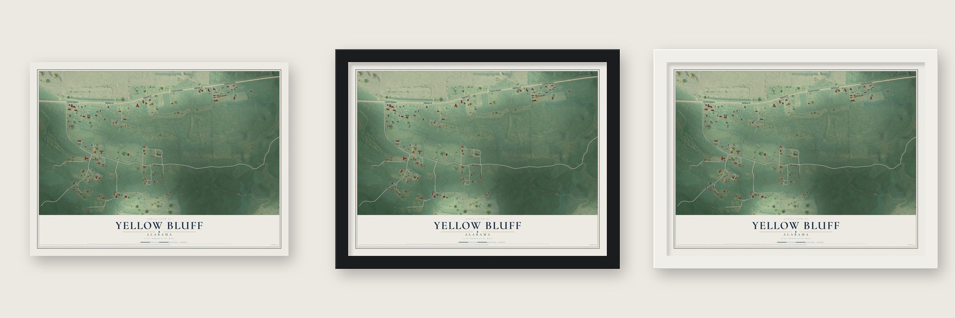 Yellow Bluff, Alabama map unframed, in a black wood frame and in a white wood frame