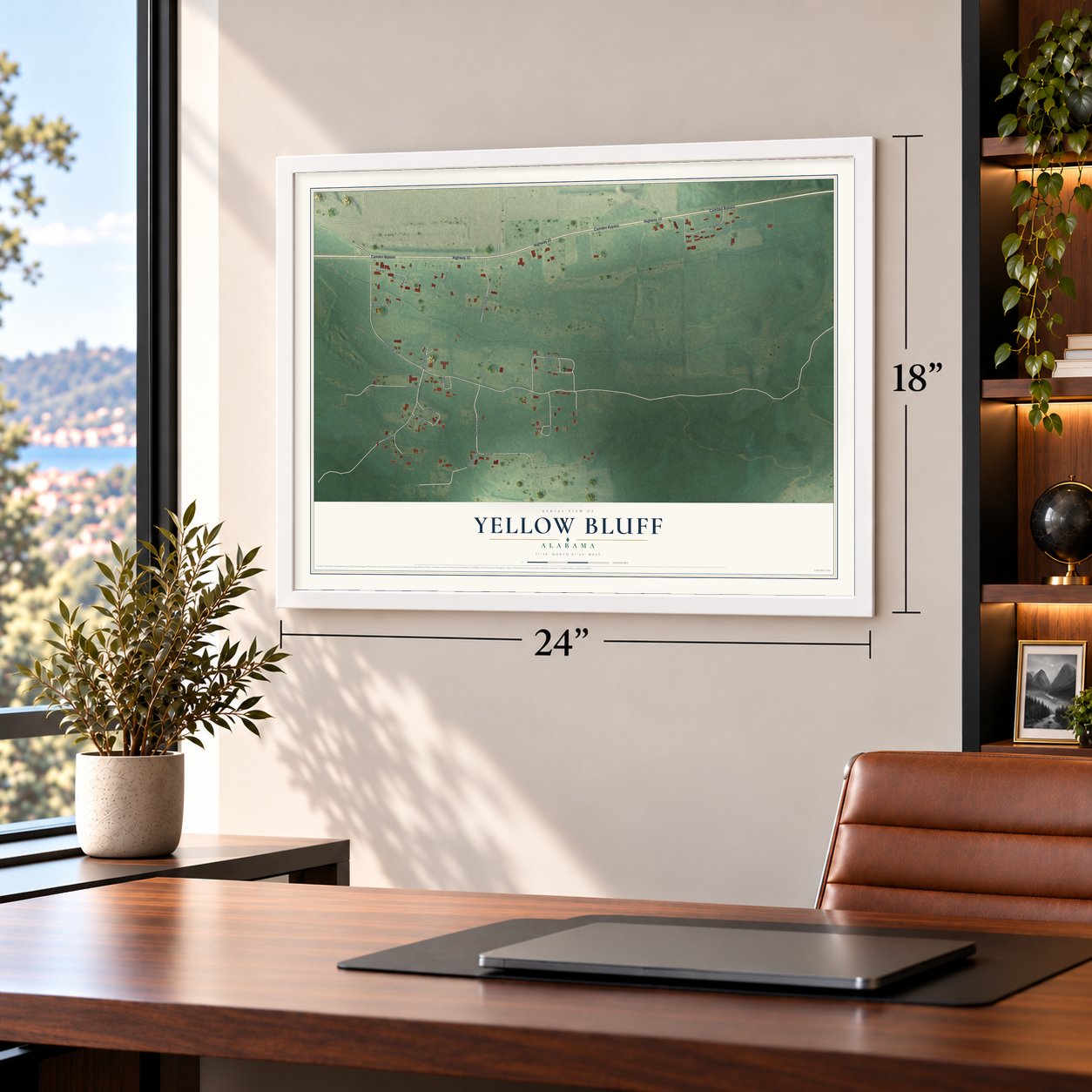 Yellow Bluff, Alabama map, 18 x 24 inch print in a white frame in a home office