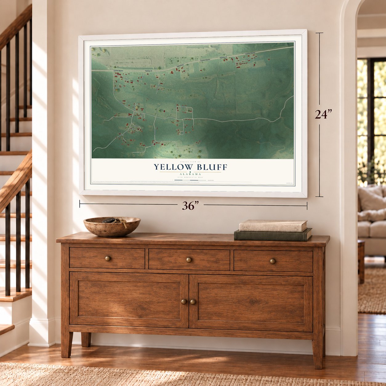 Yellow Bluff, Alabama map, 24 x 36 inch print in a white frame above a dresser by a staircase