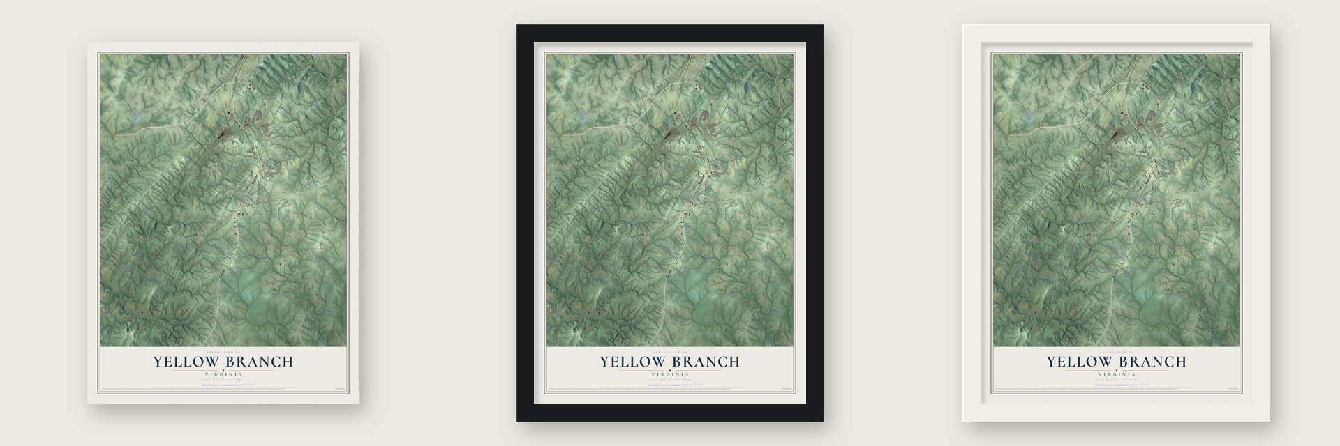 Yellow Branch, Virginia map unframed, in a black wood frame and in a white wood frame
