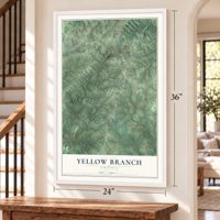 Yellow Branch, Virginia map, 24 x 36 inch print in a white frame by a staircase