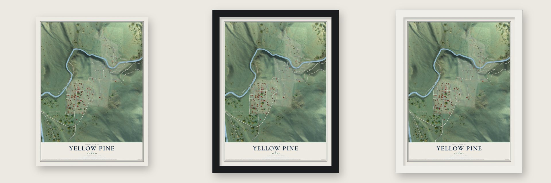 Yellow Pine, Idaho map unframed, in a black wood frame and in a white wood frame