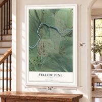Yellow Pine, Idaho map, 24 x 36 inch print in a white frame by a staircase