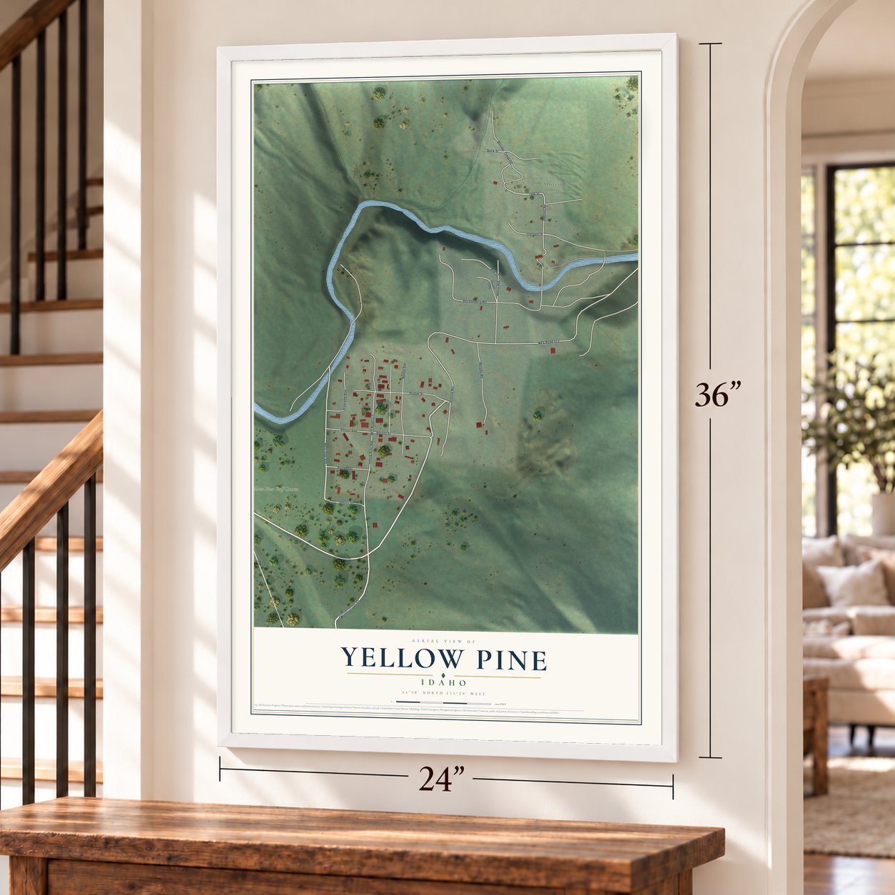 Yellow Pine, Idaho map, 24 x 36 inch print in a white frame by a staircase