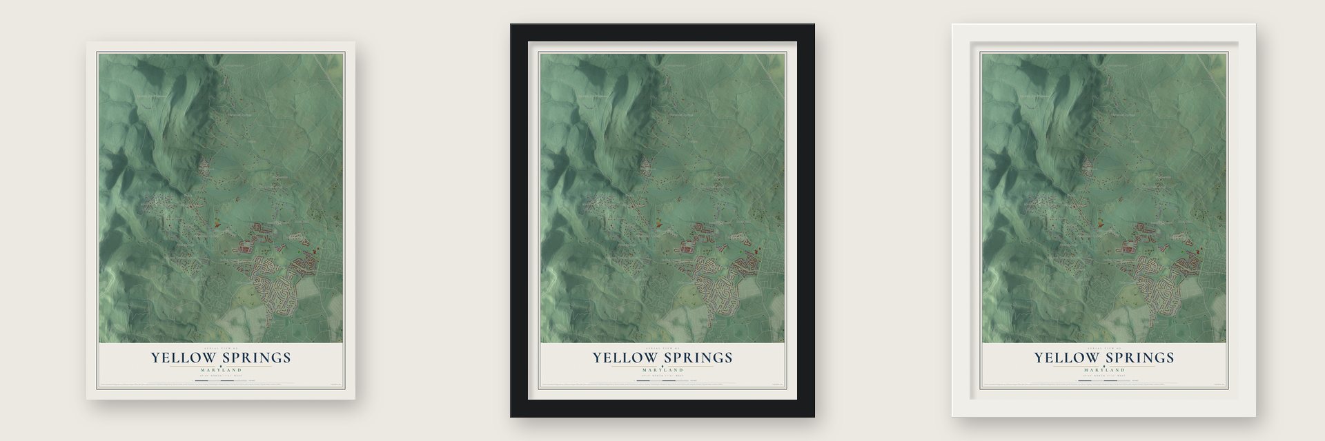 Yellow Springs, Maryland map unframed, in a black wood frame and in a white wood frame