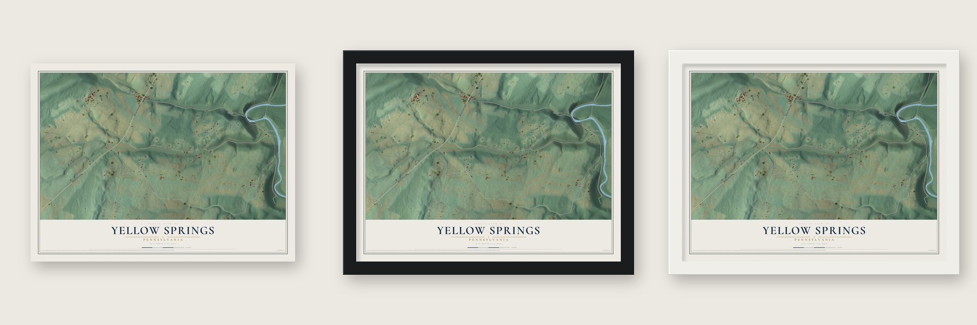 Yellow Springs, Pennsylvania map unframed, in a black wood frame and in a white wood frame