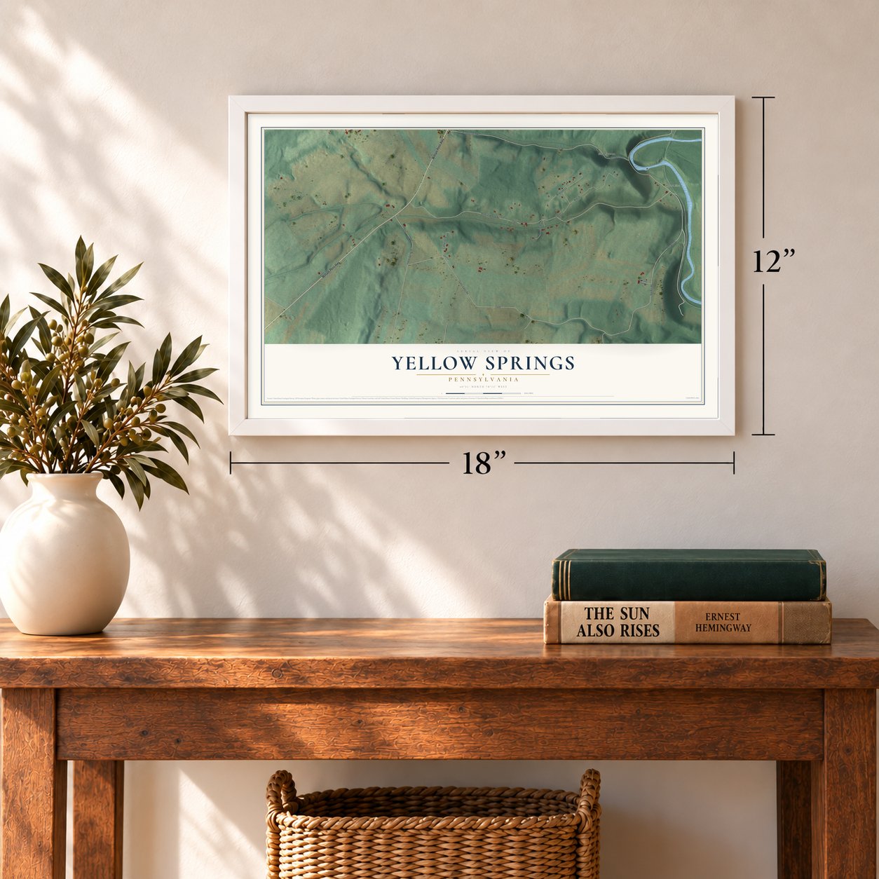 Yellow Springs, Pennsylvania map, 12 x 18 inch print in a white frame in an entryway