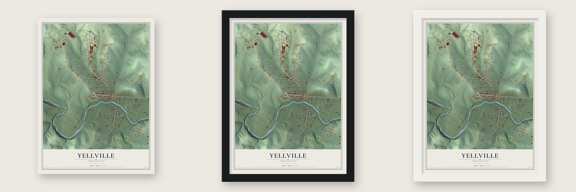 Yellville, Arkansas map unframed, in a black wood frame and in a white wood frame