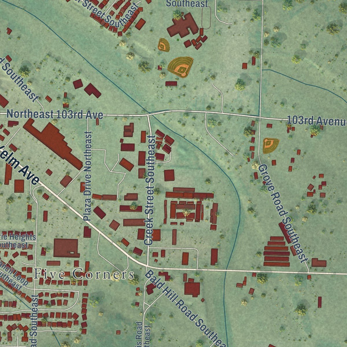 Second close-up of the map of Yelm, Washington print showing more streets and buildings