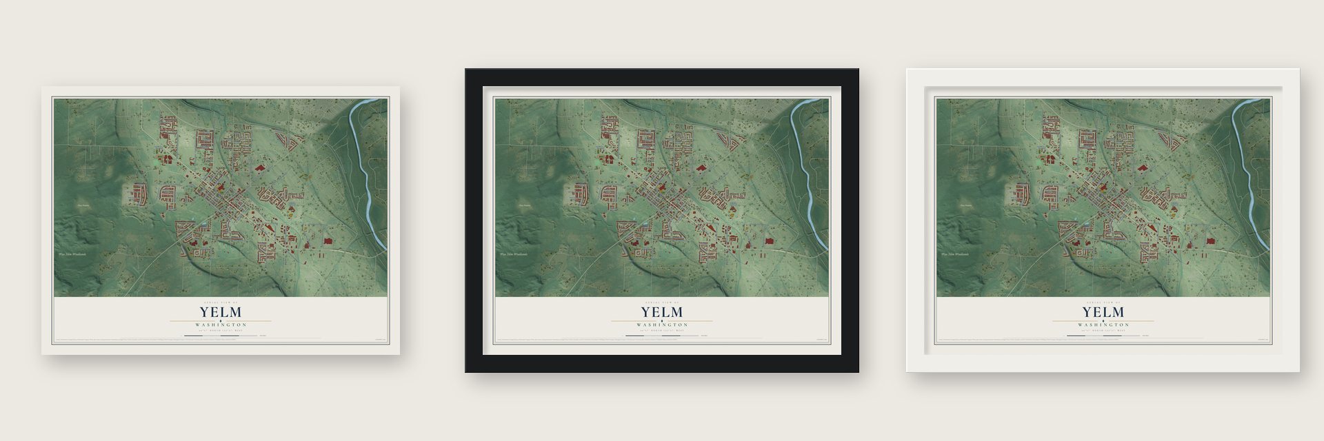 Yelm, Washington map unframed, in a black wood frame and in a white wood frame