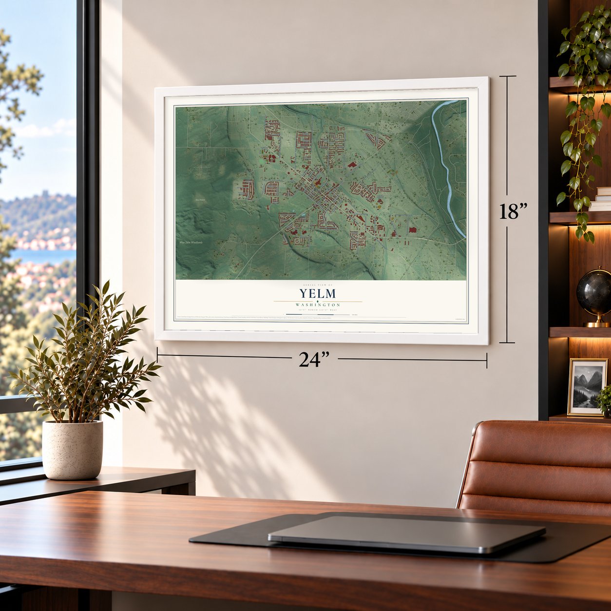 Yelm, Washington map, 18 x 24 inch print in a white frame in a home office