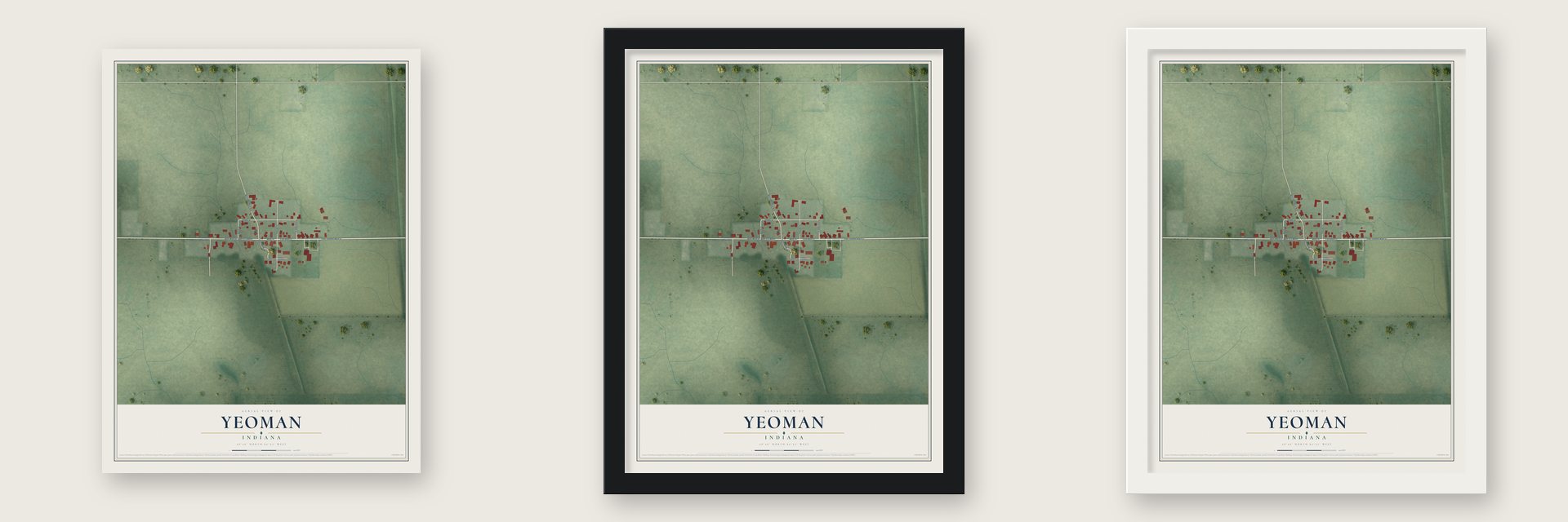 Yeoman, Indiana map unframed, in a black wood frame and in a white wood frame