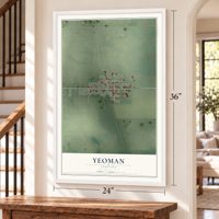 Yeoman, Indiana map, 24 x 36 inch print in a white frame by a staircase