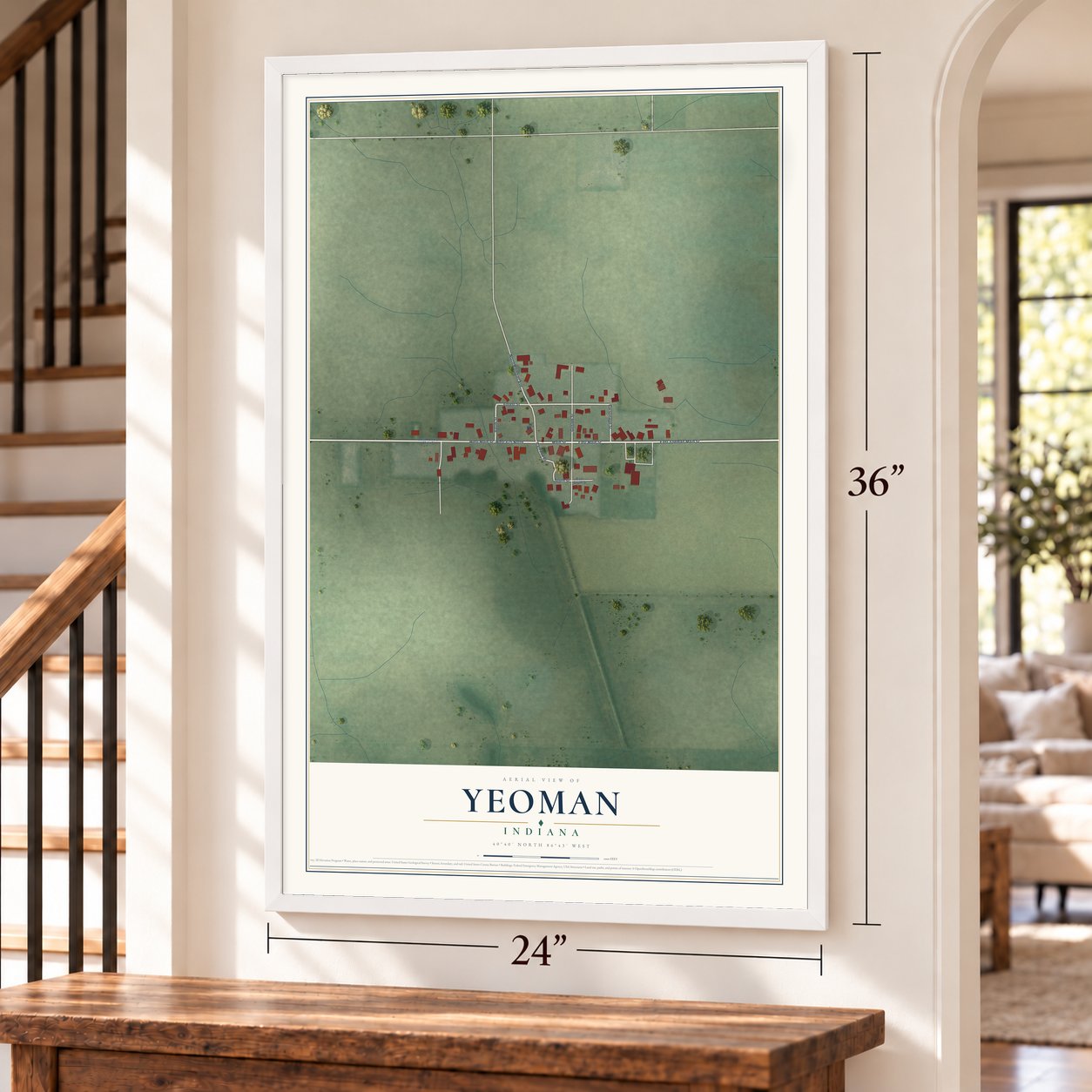 Yeoman, Indiana map, 24 x 36 inch print in a white frame by a staircase