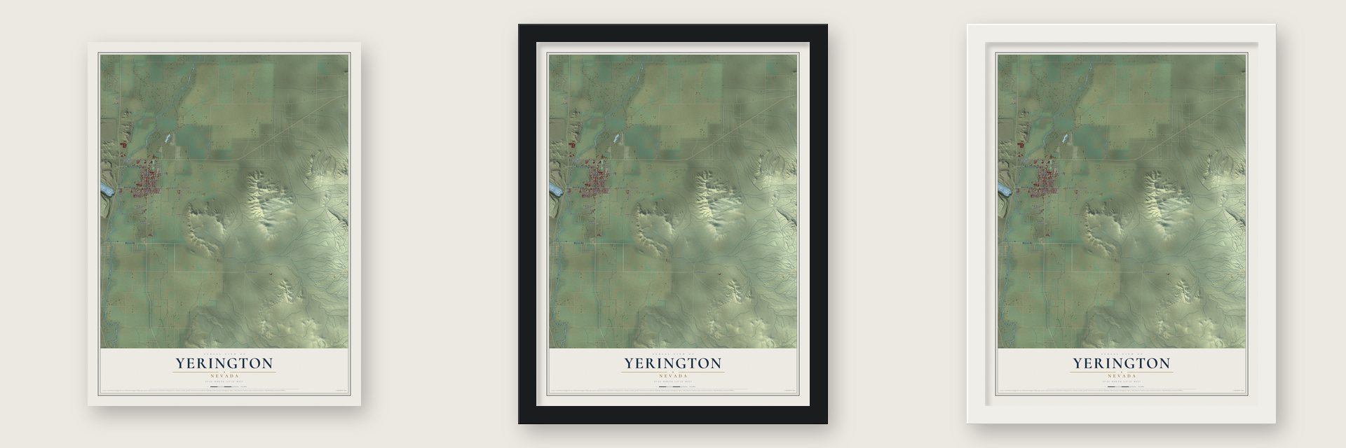 Yerington, Nevada map unframed, in a black wood frame and in a white wood frame