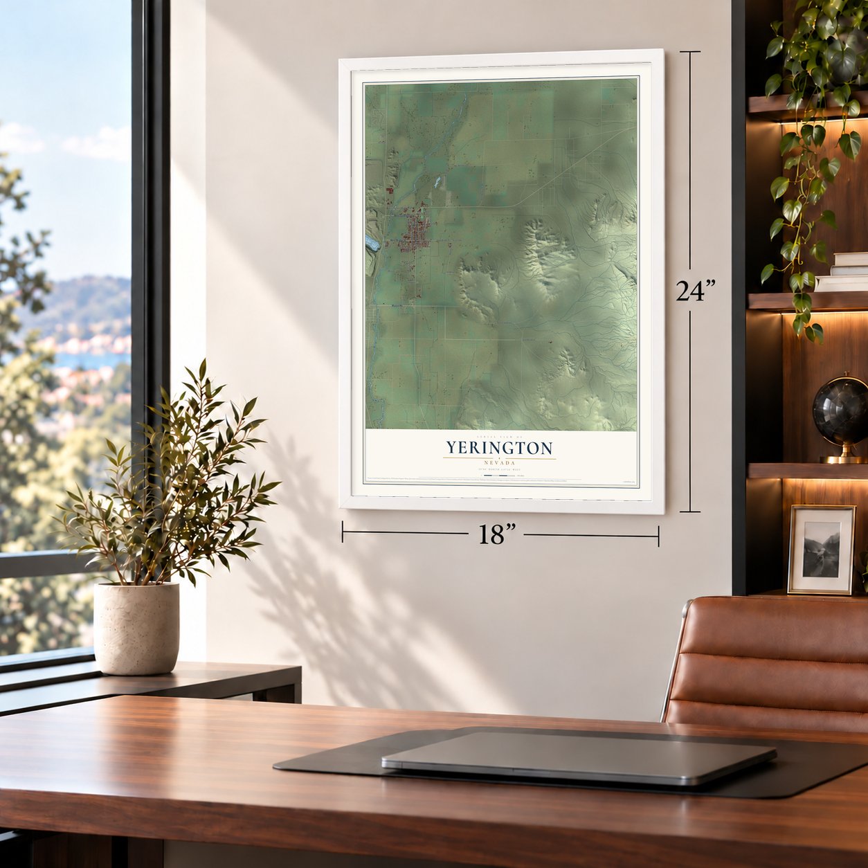 Yerington, Nevada map, 18 x 24 inch print in a white frame in a home office
