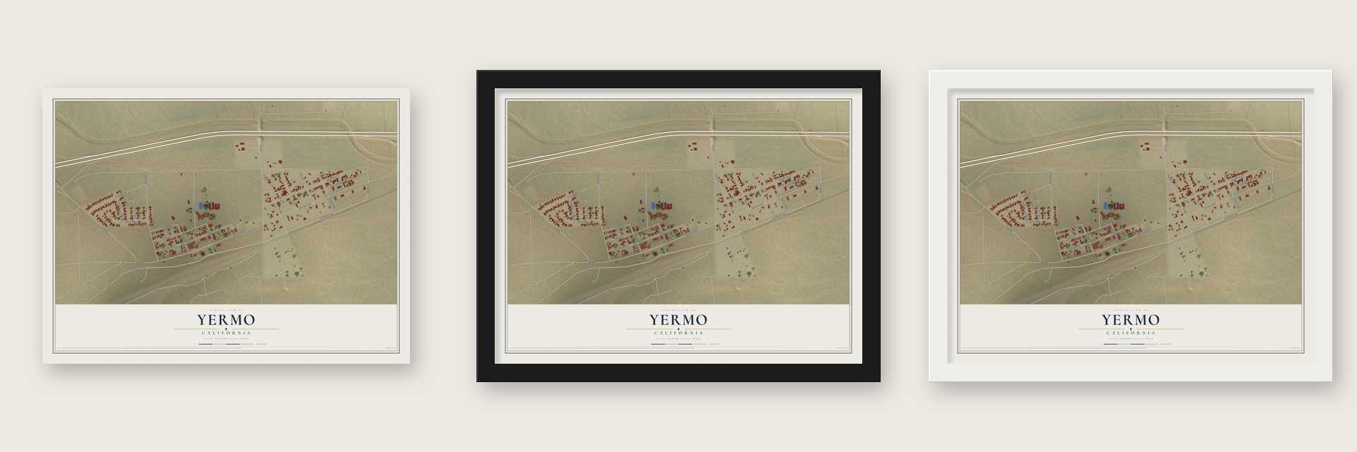 Yermo, California map unframed, in a black wood frame and in a white wood frame