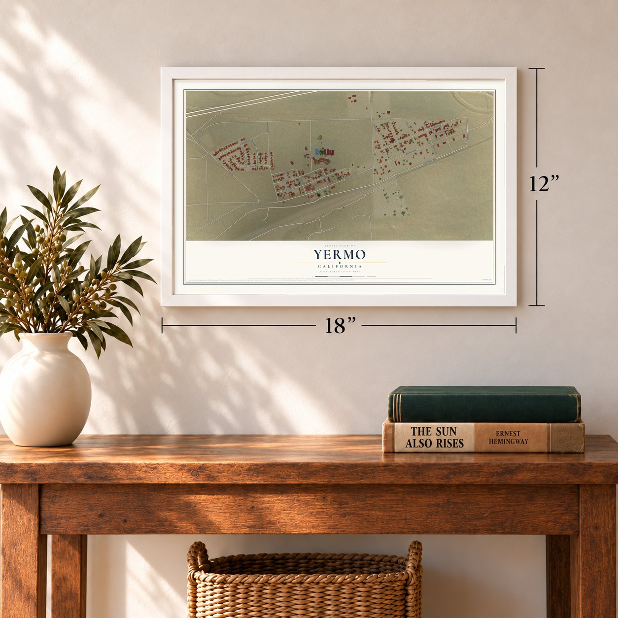 Yermo, California map, 12 x 18 inch print in a white frame in an entryway