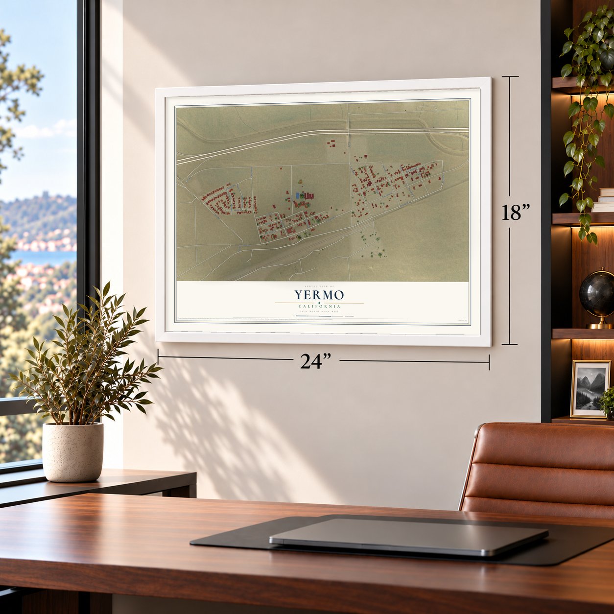 Yermo, California map, 18 x 24 inch print in a white frame in a home office